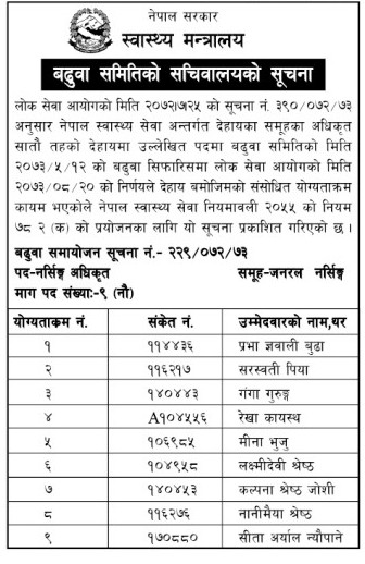 नौ जना नर्स सातौँ तहमा बढुवा