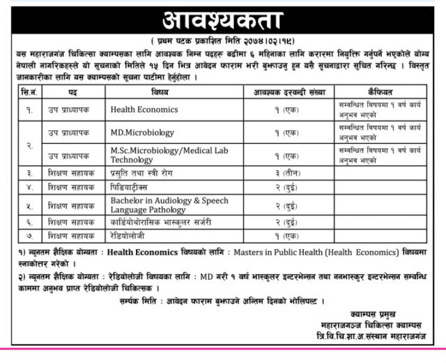 महाराजगञ्ज चिकित्सा क्याम्पसमा १३ पदमा जागिर खुल्यो