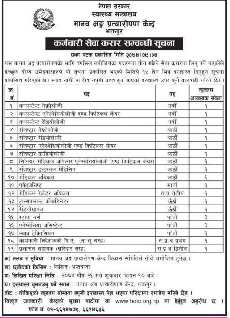 चिकित्सक नर्स सहित विभिन्न पदमा मानवअंग प्रत्यारोपण केन्द्रमा अवसर