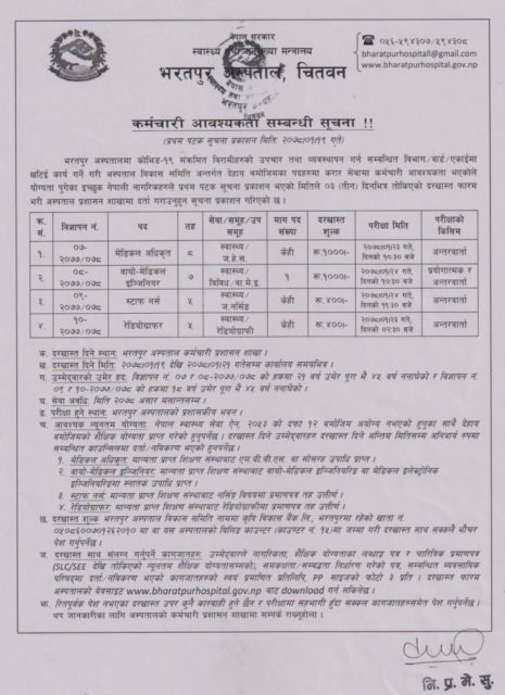 भरतपुर अस्पतालले माग्यो चिकित्सक नर्स सहित स्वास्थ्यकर्मी