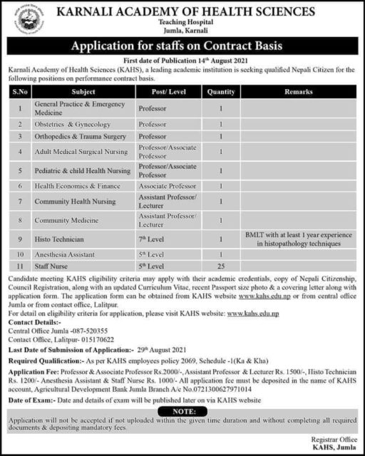 कर्णाली स्वास्थ्य विज्ञान प्रतिष्ठानमा प्राध्यापक डाक्टर तथा नर्स गरी ३५ जनाका लागि अवसर