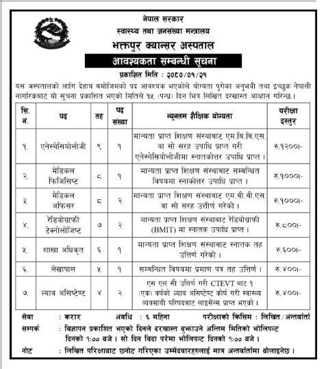 भक्तपुर क्यान्सर अस्पतालले करार सेवामा जनशक्ति थप्दै, माग्यो मेडिकल अफिसर देखि ल्याव असिस्टेन्ट सम्म