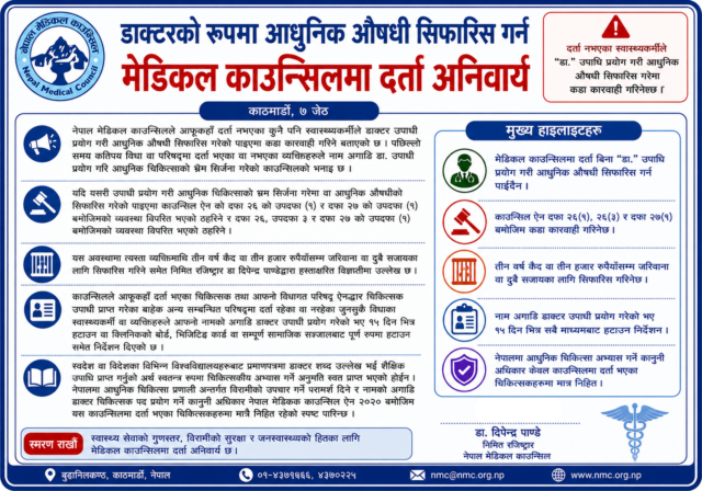 डाक्टरको रुपमा आधुनिक औषधी सिफारिस गर्न मेडिकल काउन्सिलमा दर्ता अनिवार्य